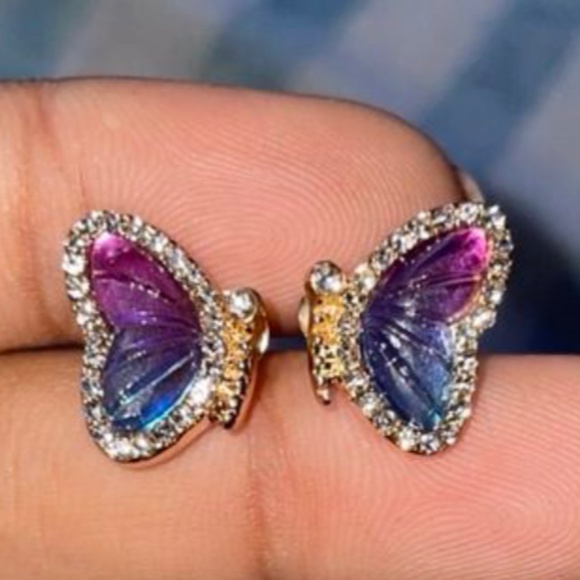 Dainty Colorful Rhinestone Gold Tone Butterfly Earrings - Picture 3 of 3